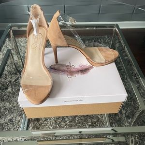 Jessica Simpson, nude, suede clear strapped high heeled sandals in size 8.5.